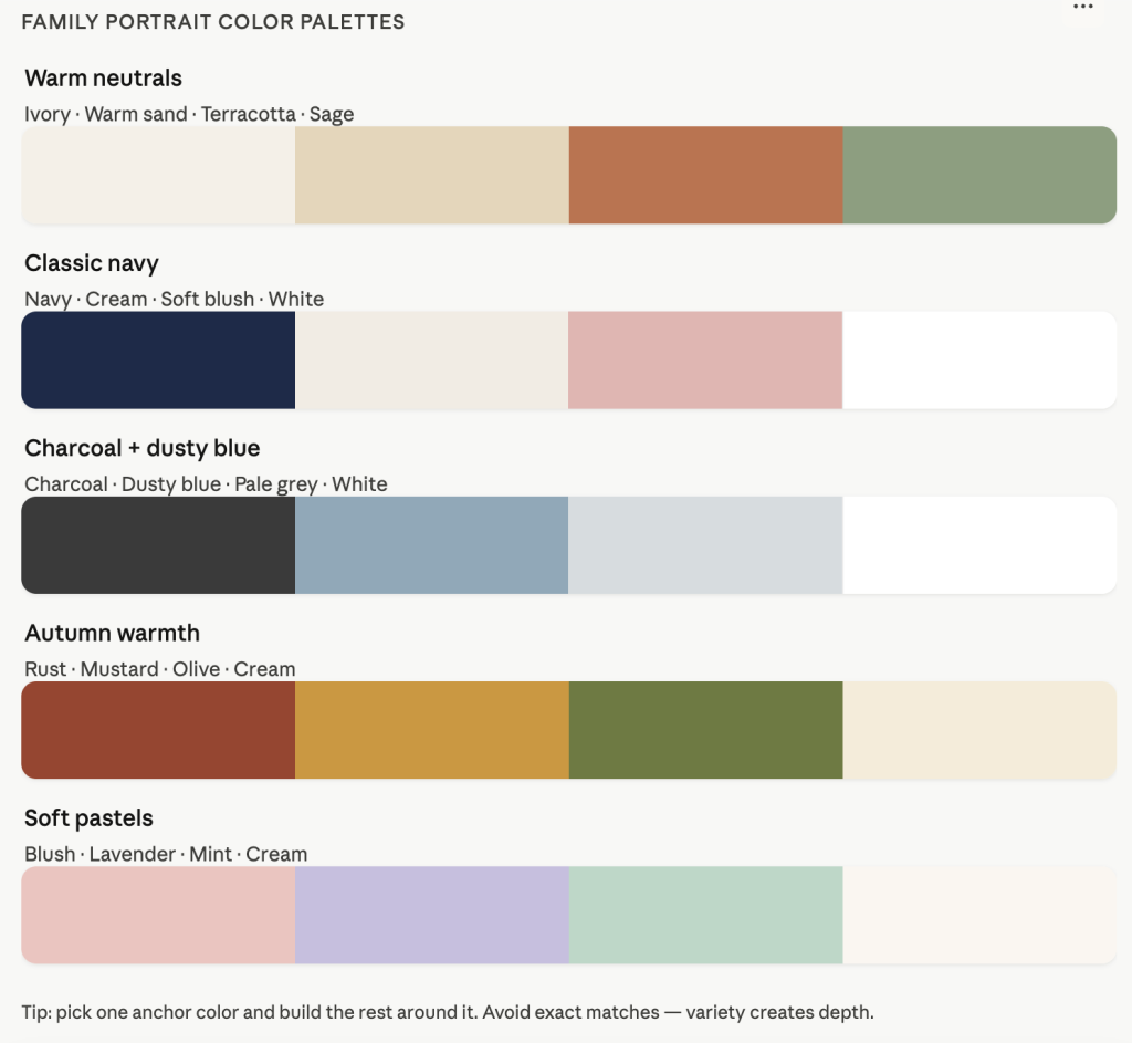 Family portrait outfit color palettes | Chapel Hill portrait photographer style guide